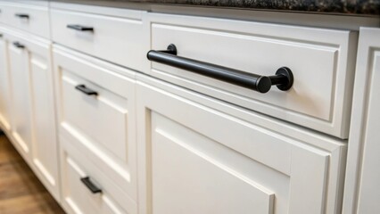 Poster - A closeup of a freshly installed matte black handle on a white cabinet with soft light reflecting off its surface emphasizing the modern aesthetic of the kitchen.