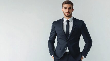 Poster - Businessman standing in a sharp suit, professional look on a solid white background.