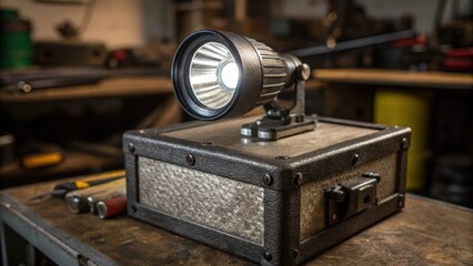 Aufkleber - A closeup of a halogen spotlight embedded in a rugged metal housing featuring an adjustable head that directs light across an industrialthemed workspace.