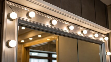 Poster - A closeup of a mirrors surface capturing the soft glow of recessed lighting highlighting how the lights bounce off the reflective panels to brighten the space.