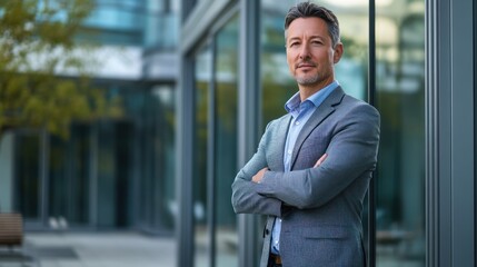 Poster - Businessman standing in front of glass building, urban modernity