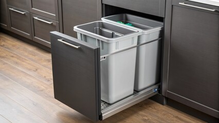 Aufkleber - A closeup of a modern pullout trash and recycling bin integrated into the base of a vertical storage unit demonstrating efficient waste management in small spaces.