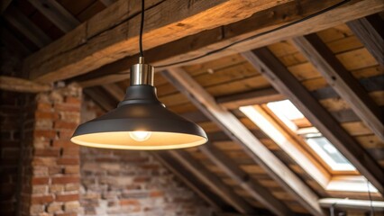 Aufkleber - A closeup of a modern pendant light fixture hanging from the ceiling its warm glow illuminating a newly renovated attic space filled with character and charm.