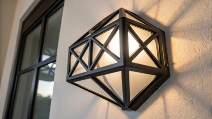 Aufkleber - A closeup of a matte black wall sconce with a unique geometric shape the light reflecting off its matte finish creating a stark contrast with the lightcolored wall.