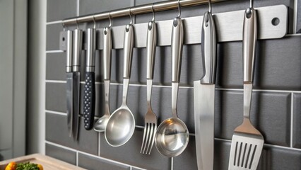 Aufkleber - A closeup of a magnetic strip on a kitchen wall displaying metallic kitchen tools demonstrating a spacesaving solution that keeps essentials within reach.