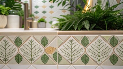 Fototapete - A closeup of a natureinspired border featuring leafpatterned tiles strategically p to unify a botanicalthemed bathroom while adding depth and interest.