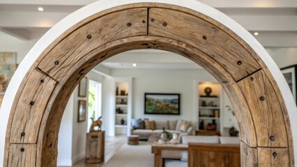 Aufkleber - A closeup of an arch made from reclaimed wood showcasing natural textures and imperfections gracefully framing a collection of art pieces in a spacious living area.