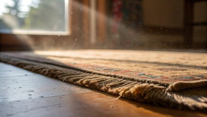 Poster - A closeup of an old carpet being lifted away revealing the floor underneath with dust motes illuminated in the sunlight streaming through a nearby window.