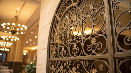 Fototapete - A closeup of an ornate metal grille detailed with filigree work surrounded by soft ambient lighting that enhances the designs elegance and warmth.