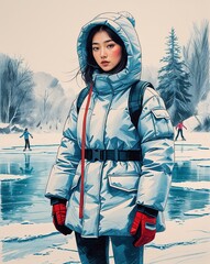 Wall Mural - Layered snowsuit with puffy hood frozen pond with skaters Teen Asian female background illustration portrait 3D