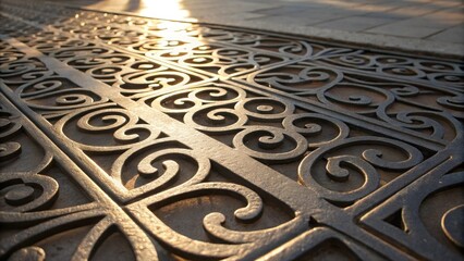 Aufkleber - A closeup of a patterned metal grille featuring swirling motifs with the light creating dynamic reflections and shadows across its decorative surface.