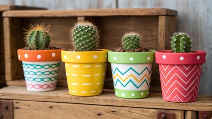 Aufkleber - A closeup of a playful arrangement of tiny cacti in assorted colorful pots each pot designed with unique patterns displayed on a rustic wooden shelf.