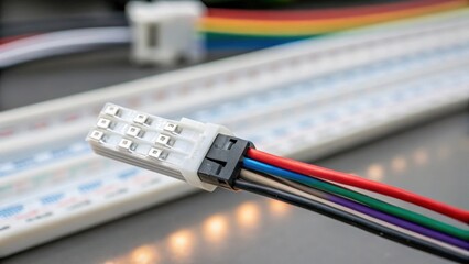 Poster - A closeup of a power connector attached to the end of an LED strip showing the wires neatly organized and ready for connection.