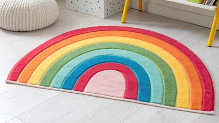 Poster - A closeup of a playful area rug shaped like a vibrant rainbow adding warmth and color to the floor while encouraging imaginative play.
