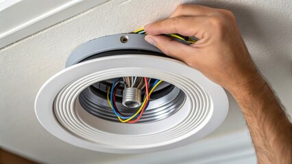 Poster - A closeup of a recessed light being installed showcasing the detailed wiring as the installer meticulously connects the fixture to the electrical supply above a ceiling panel.