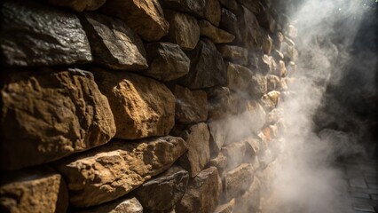 Poster - A closeup of a rustic stone wall with rough natural edges interspersed with dampness from steam evoking a sense of being in a natural cavernlike retreat.