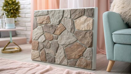 Fototapete - A closeup of a stonelike 3D panel focusing on the rugged texture and earthy tones set against a backdrop of soft pastelcolored elements in the room.