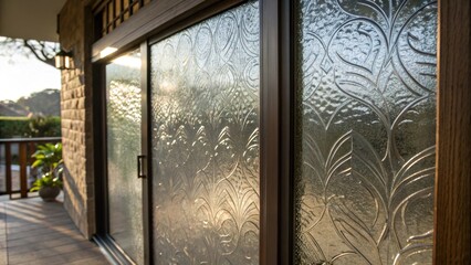 Aufkleber - A closeup of a textured glass panel within a sliding pocket door capturing the interplay of light and shadow as it filters through the design.