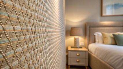 Aufkleber - A closeup of a textured fabric wall boasting a woven design reflecting light in various shades and adding a tactile quality to the bedroom space.