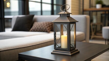 Poster - A closeup of a vintagestyle lantern sitting on a side table with flickering candlelight spilling out adding a rustic charm to the contemporary furniture.