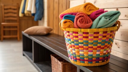 Poster - A closeup of a vibrant woven basket overflowing with soft blankets in a mudroom nestled next to a sleek wooden bench for added coziness.