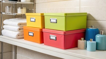 Aufkleber - A closeup of colorful storage boxes with labels p on a shelf the vibrant colors contrasting with the neutral tones of the bathroom walls.