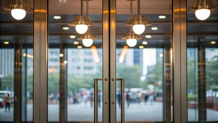 Poster - A closeup of glass doors within a partition reflecting the soft glow of pendant lights above while allowing uninterrupted views of the vibrant open space beyond.