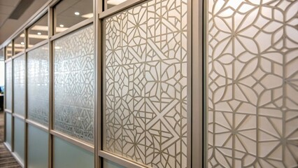 Aufkleber - A closeup of frosted glass partitions with intricate geometric patterns providing visual interest while subtly dividing areas in a collaborative work environment.