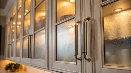 Aufkleber - A closeup of frosted glass cabinet doors with a polished metal handle accented by the warm glow of undercabinet lighting creating an inviting atmosphere.