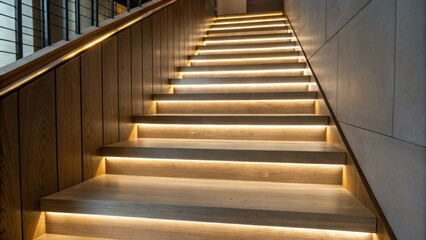 Aufkleber - A closeup of LED strip lighting integrated beneath floating treads casting a soft glow that enhances the modern appeal of the staircase.
