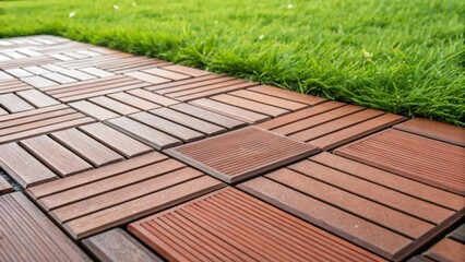 Poster - A closeup of new decking tiles interlocking on the surface of a terrace highlighting their rich texture and vibrant color against a backdrop of grass.