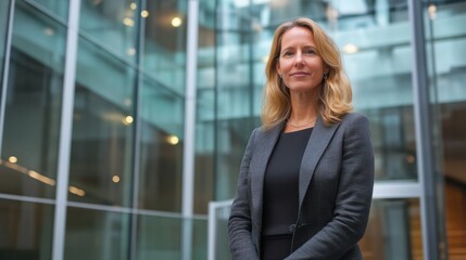 Poster - Businesswoman standing in front of glass building, professional urban setting