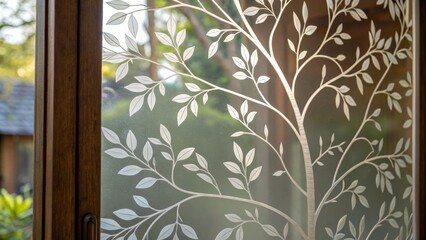 Poster - A closeup of the etched glass featuring a whimsical tree branch design where delicate leaves are interspersed with natural light bringing the outdoors inside.