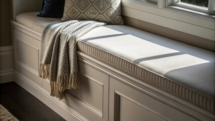 Poster - A closeup of the edge of a window seat capturing the interplay of light and shadow on the surface of the builtin storage accentuated by a decorative throw draped casually over one