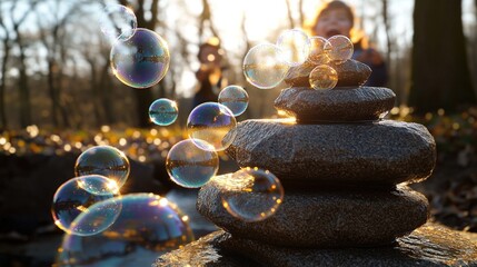 Wall Mural - Bubbles float near stacked rocks, sunlight.