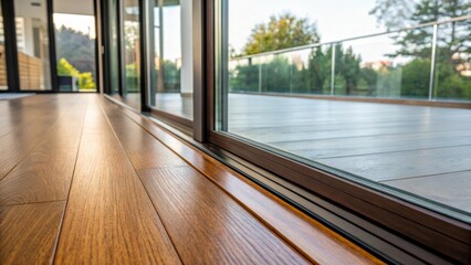 Aufkleber - A closeup of the flooring transition featuring the alignment of the glass wall with hardwood floors illustrating the seamless flow from inside to outside space.