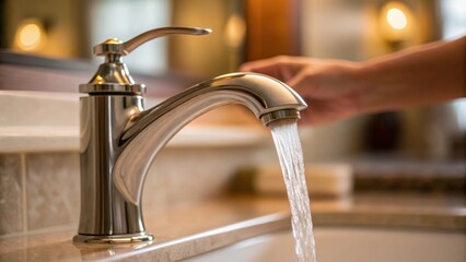 Aufkleber - A closeup of the hand of a homeowner joyfully testing the new waterfall faucet with water serenely flowing and the reflection of light creating a warm ambiance.