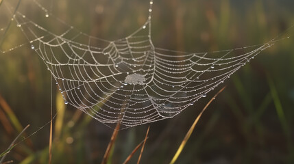 close up macro shot of spider web adorned with dew drops, glistening in morning light, surrounded by green grass. intricate patterns create serene and captivating scene