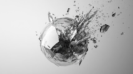 Poster - A crystal sphere in the process of shattering, with fragments suspended in mid-air, creating an abstract and artistic visual on a light grey background.