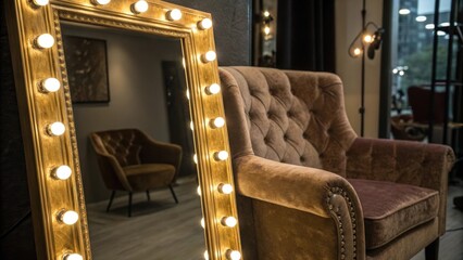 Poster - A closeup of the intricate details of a goldframed LEDlit mirror reflecting the plush textures of a velvet dressing chair and moody ambient lighting that adds luxury to the space.