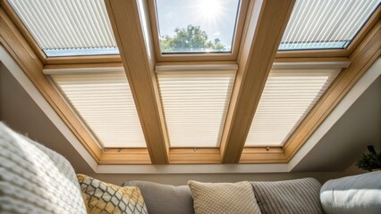 Aufkleber - A closeup of the interior of a room bathed in natural light streaming through the skylight focusing on how the automated blinds enhance the space.
