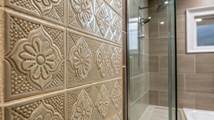Aufkleber - A closeup of the intricate tile work on the bathroom wall adjacent to a frameless glass shower enhancing the luxurious feel with its textured patterns and neutral tones.