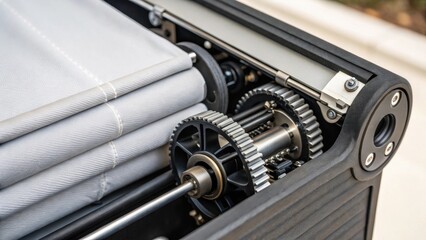Poster - A closeup of the intricate mechanism of a motorized shade showing the inner workings and a sleek fabric that complements the decor.