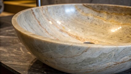 Poster - A closeup of the natural color variations and textures in a handcrafted stone sink illuminated to reveal its organic beauty and uniqueness.