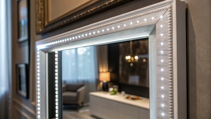 Aufkleber - A closeup of the smart mirrors edge revealing seamless integration with ambient LED lighting that adjusts to the rooms mood and enhances the reflective quality.