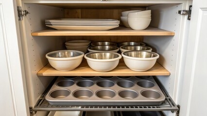 Aufkleber - A closeup of tiered shelves in a pullout pantry featuring neatly arranged baking trays and mixing bowls illustrating efficiency in kitchen organization.