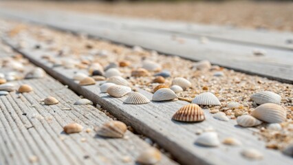 Aufkleber - A closeup of tiny seashells tered across a freshly shiplapped surface hinting at a coastal lifestyle while blending natural elements with modern design.