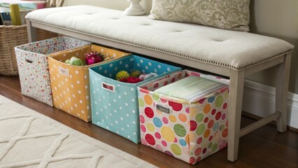 Aufkleber - A closeup of vibrant fabric storage bins arranged beneath a cushioned dining bench featuring playful patterns that add color and personality while keeping items tucked away.