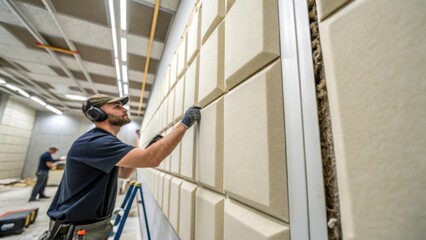 Aufkleber - A closeup of wall panels being installed with the installer in the background focused on aligning each piece perfectly to ensure cohesive acoustic performance.