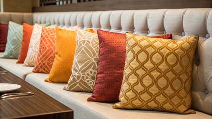 Aufkleber - A closeup of wellarranged throw pillows on a banquette displaying an array of textures and colors that enhance the comfort and style of the dining area.